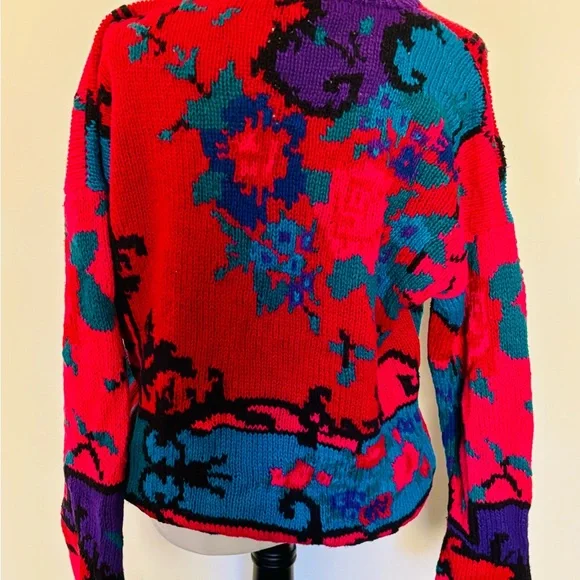 Vintage 80s Needleworks Sz L Floral Hand Knit Women's Sweater - Picture 2 of 10